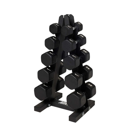 Set of black Nike dumbbells on a Nike dumbbell stand