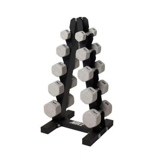 Set of Nike dumbbells on a Nike dumbbell black stand