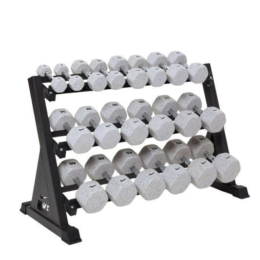 Set of Nike Grind dumbbells on a black rack